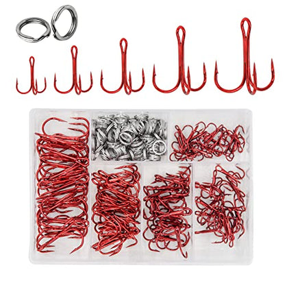 200 Pack Fishing Treble Hooks Kit High Carbon Steel Hooks Strong Sharp Round Bend with Split Rings for Lures Baits Saltwater Freshwater Fishing Size 2# 4# 6# 8# 10# - color: Red Mixed 200pcs