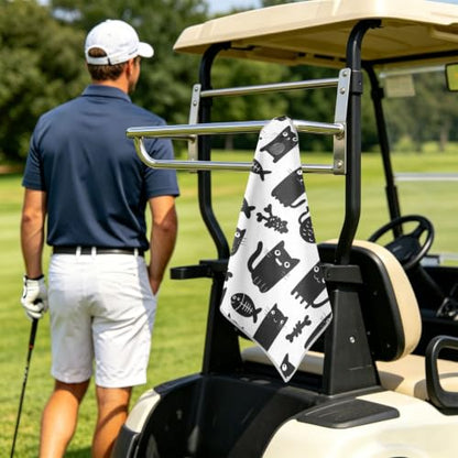 Black Cat Fish White Pattern Magnetic Golf Towel for Golf Bags Microfiber Golf Essentials for Men Women with Carabiner Clip Attaches to Carts and Clubs, 17.7"x17.7"