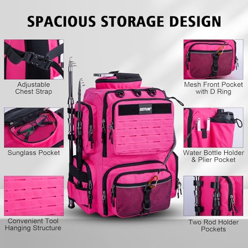 Goture Fishing Backpack,900D Water-Resistant Tackle Backpack with Rod Holders,45L Large Fishing Bag Storage Gear Tackle Bag with Rain Cover,Bottle Holder for Travel Camping Hiking(Without Tackle Box) - color: A2:45L Pink(Without Tackle Box)