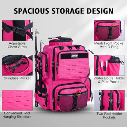 Goture Fishing Backpack, 900D Water-Resistant Tackle Backpack with Rod Holders, 45L Large Fishing Bag Storage Gear Tackle Bag with 8 Lure Pockets, Rain Cover for Camping Hiking(Without Tackle Box) - color: 45L Pink with 8 Lure Pockets