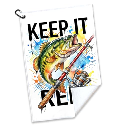 Keep It Reel Polyester Printed Towel with Clip, Funny Bass Fish Fishing Gifts & Accessories for Men Fishman Dad Grandpa from Grandaughter, Fishing Lover Father's Day Retirement Birthday Gifts - color: White & Multi