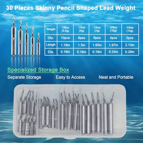 30pcs Fishing Weights Sinkers Kit, Drop Shot Weights & Fishing Sinker Assortment, Lead Fishing Weights with Barrel Swivels, Snag-Free Pencil Sinkers for Bass, Catfish in Freshwater Saltwater