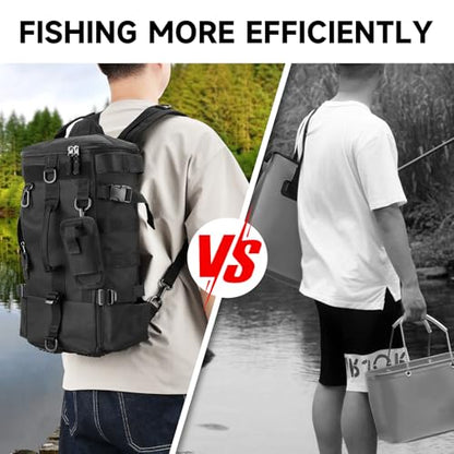 KOMCLUB Black Fishing Sling Tackle Storage Backpack, Large with Rain Cover‌ | Waterproof Outdoor Fishing Bag, Ideal Fishing Gifts for Men, Fits All-Day Fishing Trips - color: Black