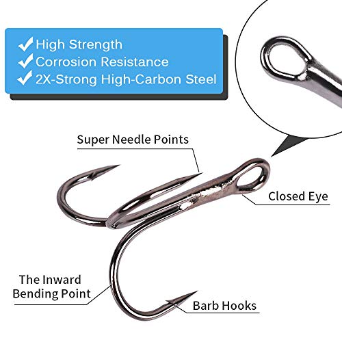 UCEC Fishing Hooks Treble Hooks Kit for Saltwater Freshwater, High Carbon Steel Strong Sharp Round Bend for Catfish Trout Hard Baits Lures, Size #1#2#4#6#8#10#12#14 110/50/210 Pack with Split Rings - style: 50pcs, #2 #4 #6 #8 #10