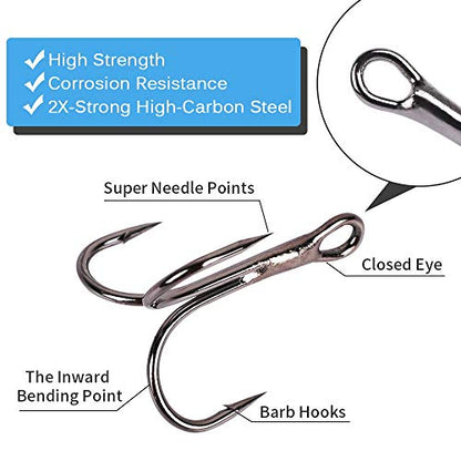 UCEC Fishing Hooks Treble Hooks Kit for Saltwater Freshwater, High Carbon Steel Strong Sharp Round Bend for Catfish Trout Hard Baits Lures, Size #1#2#4#6#8#10#12#14 110/50/210 Pack with Split Rings - style: 50pcs, #2 #4 #6 #8 #10