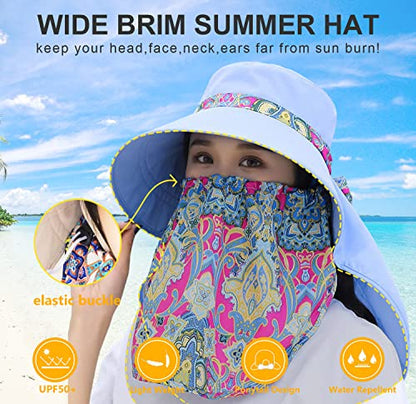 Women Wide Brim Face Mask Sun Hat Detachable Neck Face Flap Ponytail UV Protection Visor Hat Garden Fishing Hiking - color: M9099-tianlan