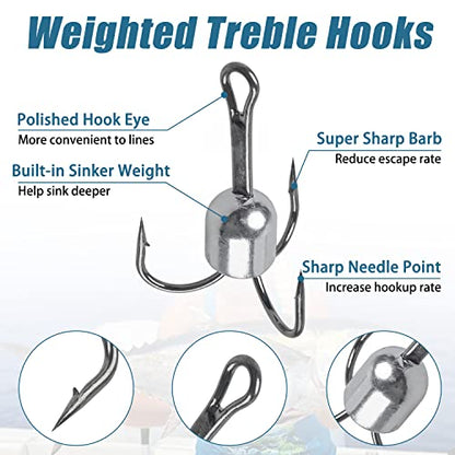 Snagging Hooks Weighted Treble Hooks - 4PCS/8PCS Sharp Treble Fishing Hooks with Weight for Bass Salmon Gator 5/0 6/0 8/0 10/0 - style: 6/0-1.25oz-4pcs