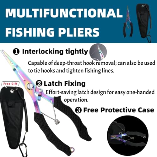 Pro Fishing Gear Fishing Tool Set, Fishing Pliers with Lanyard, Fish Lip Gripper, Fillet Knife, Fishing Braid Scissors, Nylon Sheath, Retractable Tool Tether, Sharpener, Fishing Gifts for Men - color: Red+colorful