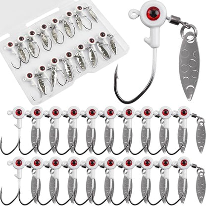 Crappie Jig Heads Fishing Lures Kit, 15pcs Underspin Jig Heads with Spinner Blade Crappie Lures Eye Ball Head Painted Fishing Jigs for Bass, Trout, Panfish, Sunfish - color: White, size: 1.75g(1/16oz)-15pcs
