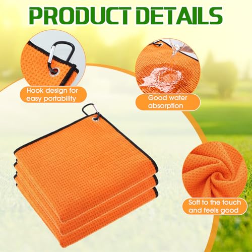 Batiyeer 12 Pcs Golf Towel Bulk for Golf Bags Microfiber Fabric Towel with Clip Waffle Pattern, Fitness, Camping, Hiking, Yoga - color: Orange