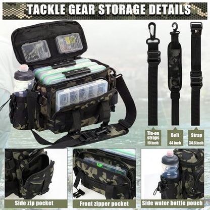 Fishing Tackle Bag with 3 Pcs 3600 Tackle Trays Expandable Soft Fishing Bag Waterproof Camouflage Gear Backpack Padded Shoulder Strap Angler Gear Storage Gifts for Fishermen(Green) - color: Green