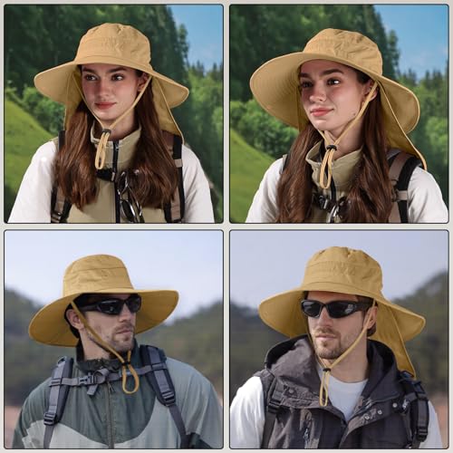 Sun Hats for Men Women, UPF50+ Protection Safari Hat,Wide Brim Fishing Hat with Neck Flap,Bucket Hats for Beach Hiking - color: Khakisleeves