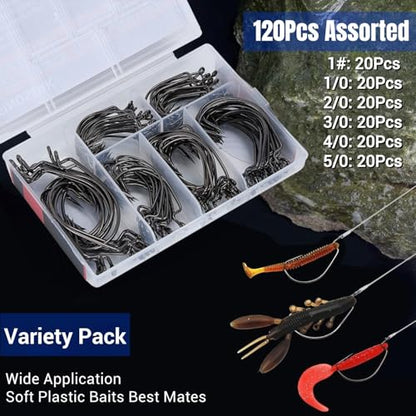 120Pcs Bass Hooks Set, Strong Offset Bass Fishing Hooks Freshwater Barbed Sharp Worm Hooks for Texas Rigging Fishing Extra Wide Gap 6 Sizes Assorted #1 1/0 2/0 3/0 4/0 5/0