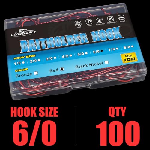 Baitholder Fishing Hooks 100 Pack - Double-Barbed Long Shank for Bluegill Bass Trout Walleye Black/Red, 8/0-#8 - color: 1-Red, size: 6/0 100-Pack