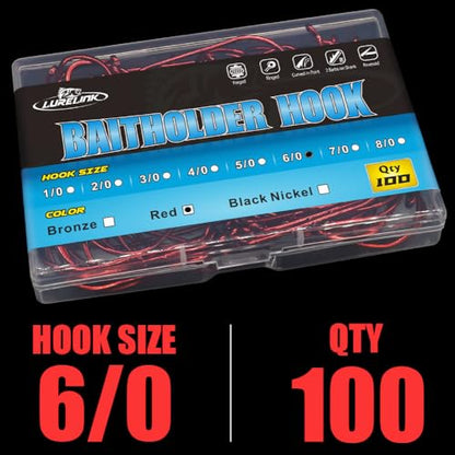 Baitholder Fishing Hooks 100 Pack - Double-Barbed Long Shank for Bluegill Bass Trout Walleye Black/Red, 8/0-#8 - color: 1-Red, size: 6/0 100-Pack