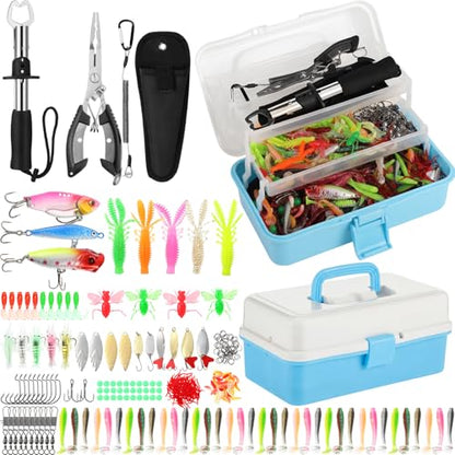 RoundFunny 3 Layers Fishing Tackle Box 414 Pcs Fishing Gift Lures Gear Kit with Tackle Included Pliers Lip Gripper Bait Hook Accessories for Beginner Fisherman Women Men, Fit Bass Trout - color: Blue