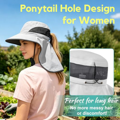 2 Pack Women Men Outdoor Wide Brim Sun Hat with Neck Face Flap,UPF 50+ Protection Fishing Garden Work Hat with Ponytail Hole - color: Dark Grey ＆ Light Grey