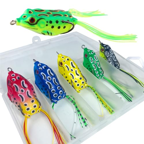 5Pcs Topwater Frog Lures Sets with Bait Box Ray Frog Topwater Fishing Crankbait Lures, for sea bass Snakehead Fish, Frog Soft Bait unaffected by Weed barriers