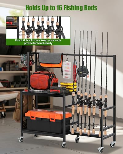 EXTCCT Fishing Rod Holders for Garage, Fishing Pole Rack Holds Up to 16 Rods with Hooks, Heavy Duty Rolling Fishing Cart with Wheels, Fishing Equipment Storage for Man's Gift (Black) - color: Black