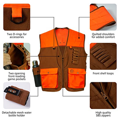 BASSDASH Upland Game Field Water-Resistant Bird Hunting Vest with Multi Pockets Men Women FV11 - color: Brown/Orange, size: Large