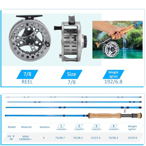 Sougayilang Fly Fishing Combo, 4 Piece Fly Rod and CNC Machined Aluminum Alloy Reel Complete Starter Package with Rod Bag - color: Fly Fishing Combo #8-Silver