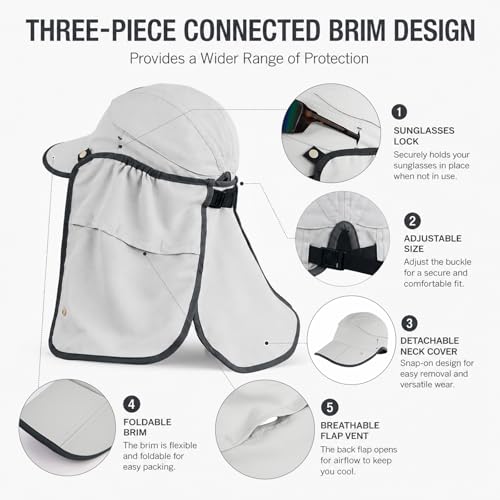 Palmyth Fishing Sun Hat with Detachable Neck Flap UPF 50+ Baseball Cap | Convertible Ventilation Panel, Sunglass Lock, Water Resistant, Foldable, Ventilation Holes, 3 Ways to Wear, Men & Women - color: Light Grey
