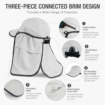 Palmyth Fishing Sun Hat with Detachable Neck Flap UPF 50+ Baseball Cap | Convertible Ventilation Panel, Sunglass Lock, Water Resistant, Foldable, Ventilation Holes, 3 Ways to Wear, Men & Women - color: Light Grey