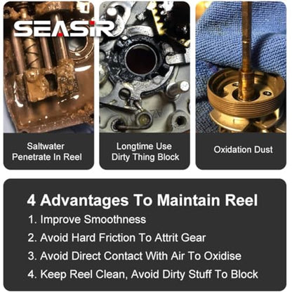 SEASIR Fishing Reel Oil, 2Pcs Reel Oil and Grease Kit, Multi-Purpose Reel Lubricant for Reel Bearings, Bushings and Shafts - Spinning, Baitcasting, Freshwater, Saltwater