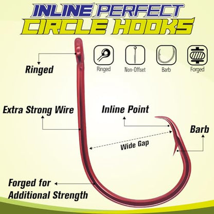 LURELINK-Inline-Circle-Hooks-Saltwater-for-Catfish-Bass-Octopus-Hooks-Fishing-Hook-Freshwater 50 Pack - color: Red, size: 8/0 50-Pack