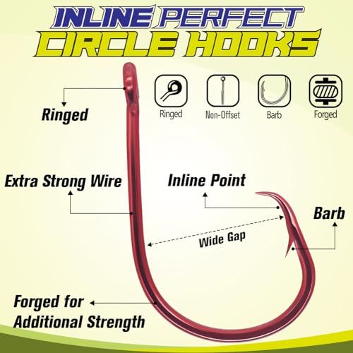 LURELINK-Inline-Circle-Hooks-Saltwater-for-Catfish-Bass-Octopus-Hooks-Fishing-Hook-Freshwater 50 Pack - color: Red, size: 4/0 50-Pack