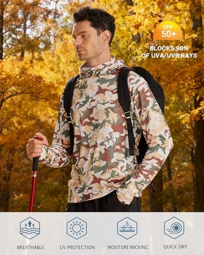 FISHEAL Men's Performance Fishing Hoodie Shirt - UPF 50+ Sun Protection Long Sleeve Thumbholes Shirts with Neck Gaiter - color: Desert Sand Camo, size: Medium