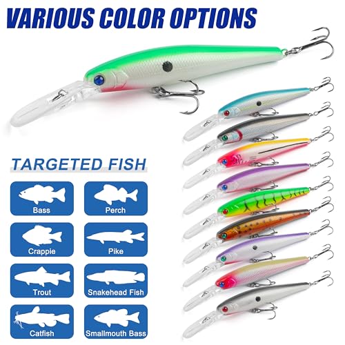 OROOTL Minnow Jerkbait Fishing Lures, 10pcs Deep Diving Jerk Baits Kit Saltwater Trolling Lures Lifelike Swimbaits Hard Lure for Bass Trout Walleye Bluefish Saltwater Freshwater