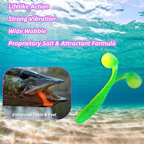 Soft Plastic Paddle Tail Swimbaits Pack of 15 – 3" Soft Plastic Fishing Lures with Extra-Large Tail for Lifelike Swimming Action – Freshwater & Saltwater - color: Green-yellow
