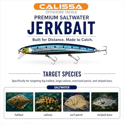 Calissa Offshore Tackle 110mm and 140mm California Inshore Fishing - Special Jerkbait Crankbait Surf Flash Fishing Salt Pro Lure Minnow Zebra MS Metallic Sardine Glow - size: 110mm, style: Chrome Sardine