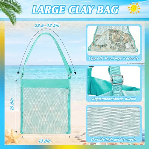 VioraWhite 2 Pcs Extra Large 14 x 16inch Clam Mesh Chum Beach Bags for Seashells Clams Treasures Sand Away Foldable Shell Collection Bags with Adjustable Straps (Aqua) - color: Aqua