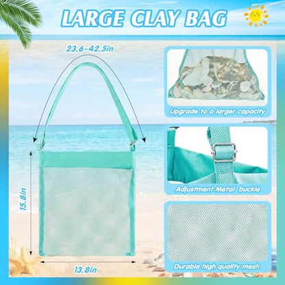 VioraWhite 2 Pcs Extra Large 14 x 16inch Clam Mesh Chum Beach Bags for Seashells Clams Treasures Sand Away Foldable Shell Collection Bags with Adjustable Straps (Pink,Light Green) - color: Pink,Light Green