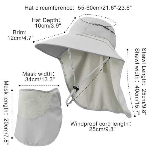 Sun Hats for Men Women Detachable Face Cover Wide Brim Fishing Hats with Neck Flap UPF 50+ Outdoor Safari Hats - color: Light Grey
