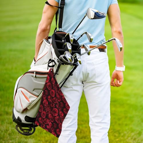 Red Rose Golf Towel Microfiber with Carabiner Clip, Funny Cleaning Cloth for Golf Balls & Clubs, Gift for Women Men, Golfers, Dad, Grandpa, Bag Accessories 16"*24"-Romance Flower - color: Red Rose