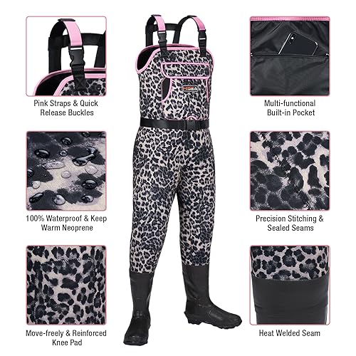 HISEA Women Waders Waterproof 400G Insulated Neoprene Chest Wader for Women - color: Arabian Leopard, size: 7