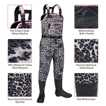 HISEA Women Waders Waterproof 400G Insulated Neoprene Chest Wader for Women - color: Arabian Leopard, size: 8