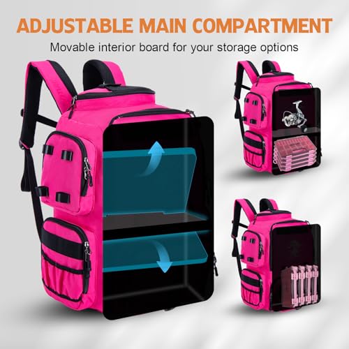 Goture Fishing Backpack, 900D Water-Resistant Tackle Backpack with Rod Holders, 58L Large Storage Gear Fishing Tackle Bag with Detachable Crossbody Bag,8 Lure Pockets,Bottle Holder for Camping Hiking - color: Pink
