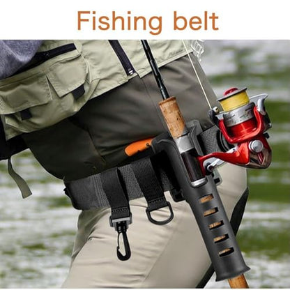 2 Pcs Fishing Waist Belt Rod Holder - Adjustable Wading Belt With Portable Pole Inserter for Spinning, Casting Reel, Surf, Kayak, Fly Fishing Gear Accessories - Black