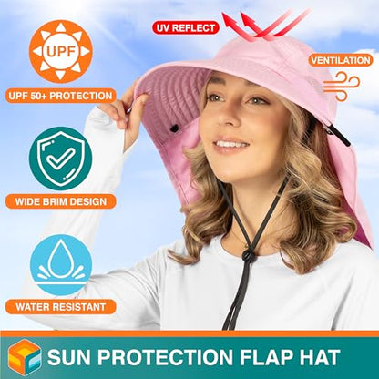 SUN CUBE Wide Brim Sun Hat with Neck Flap for Men Women, UPF50+ Fishing - color: Pink
