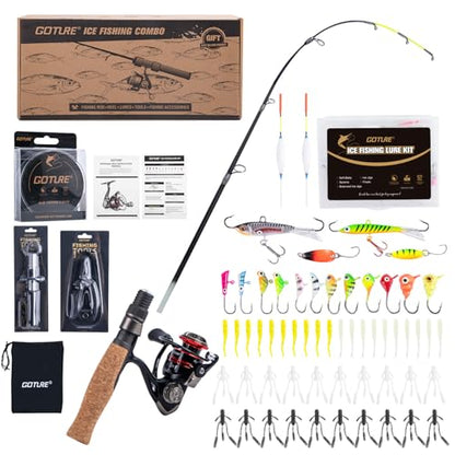 Goture Ice Fishing Rod and Reel Combo with Carry Bag, 24''Medium Spinning Ice Fishing Pole, 58Pcs Jigs & Lures with Storage Box, Line,Fish Gripper, Pliers and Tools for Trout Bass Walleye - color: 10Pcs Ice Fishing Kit A3 (58Pcs Jig Set )
