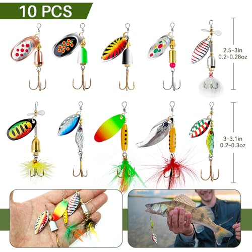 TB Tbuymax Fishing Spinner Baits for Freshwater and Saltwater, 10pcs Rooster Tail Fishing Lures & Spinning Spoons, Hard Metal Baits for Bass Trout Salmon with 2 Tackle Boxes