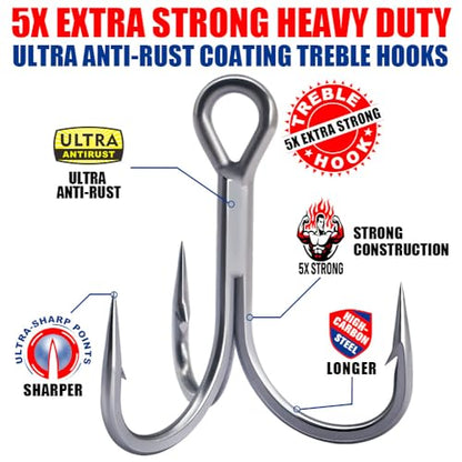 Fishing-Treble-Hooks-5X-Extra-Strong-Heavy-Duty Ultra Anti-Rust Bulk Hooks for Saltwater and Freshwater Fishing Sizes 5/0 to #8 - size: 2/0 12-Pack