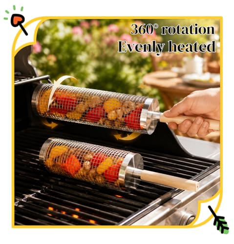 Grill Basket Set Stainless Steel, Rolling BBQ Tools with Removable Wooden Handle, Smoker Grilling Accessories for Fish, Grill Baskets for Outdoor Grill