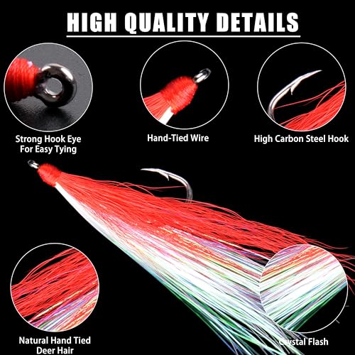 Bucktail Teasers Fishing Hooks Saltwater Flounder Rig Bucktail Mylar Teasers Inserted Fishing Teaser Hooks for Jigs Spoons Lures Hi/Lo Rig Striped Bass Bluefish Flounder Surf Bottom Fishing - color: Red-white, size: 6pcs