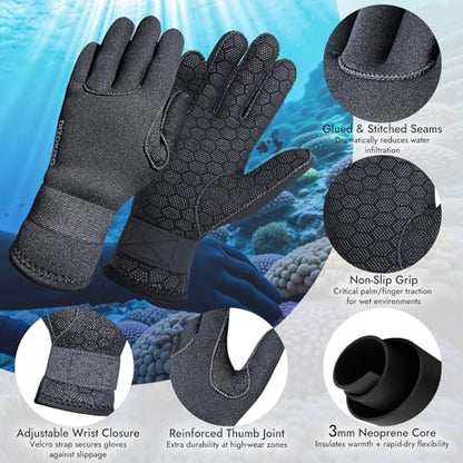 Neoprene Gloves, 3mm Anti-Slip Diving Gloves Waterproof Wetsuit Gloves for Scuba Fishing Kayaking Surfing Swimming - color: Black-With Strap, size: Large