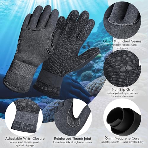 Neoprene Gloves, 3mm Anti-Slip Diving Gloves Waterproof Wetsuit Gloves for Scuba Fishing Kayaking Surfing Swimming - color: Black-With Strap, size: Medium